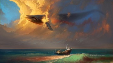 Fishe Aquarium Werke - Wolken Schiffe Wale Möwen im Himmel